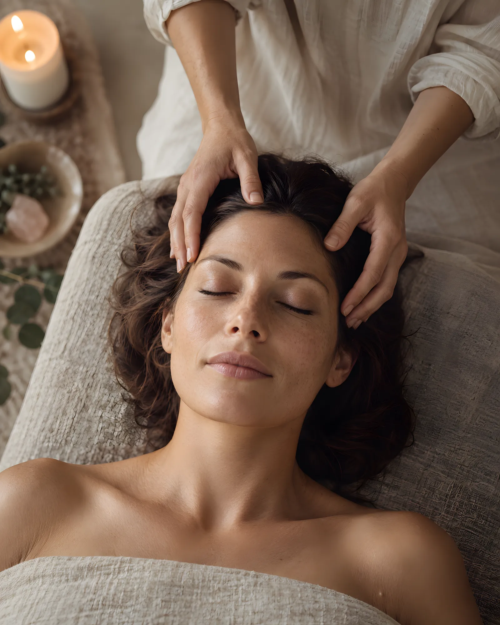 A practitioner rests light fingertips on points across the top of a woman’s head.