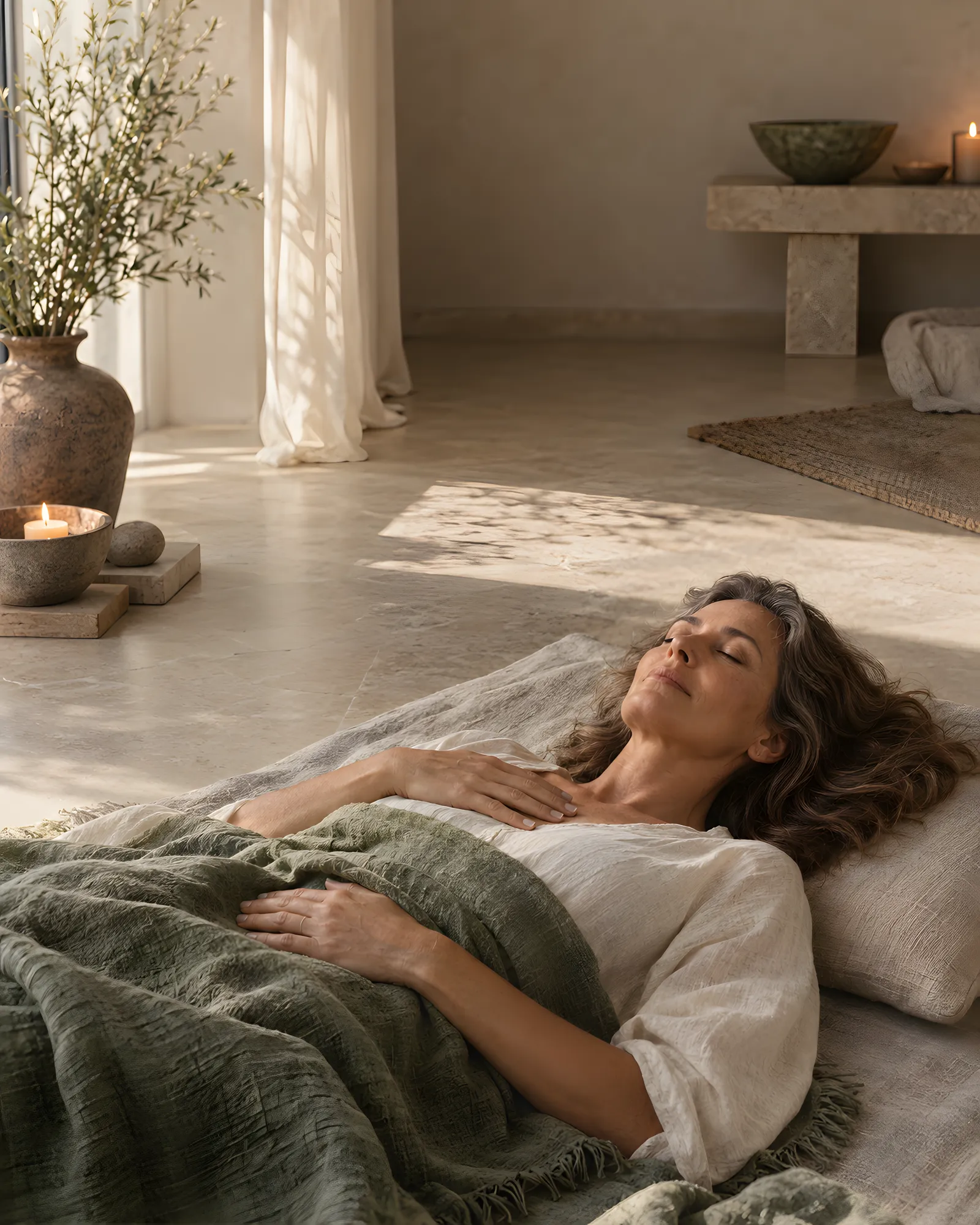 A woman lies on a linen mat with her eyes closed, one hand on her chest and one on her belly, breathing slowly in morning light.