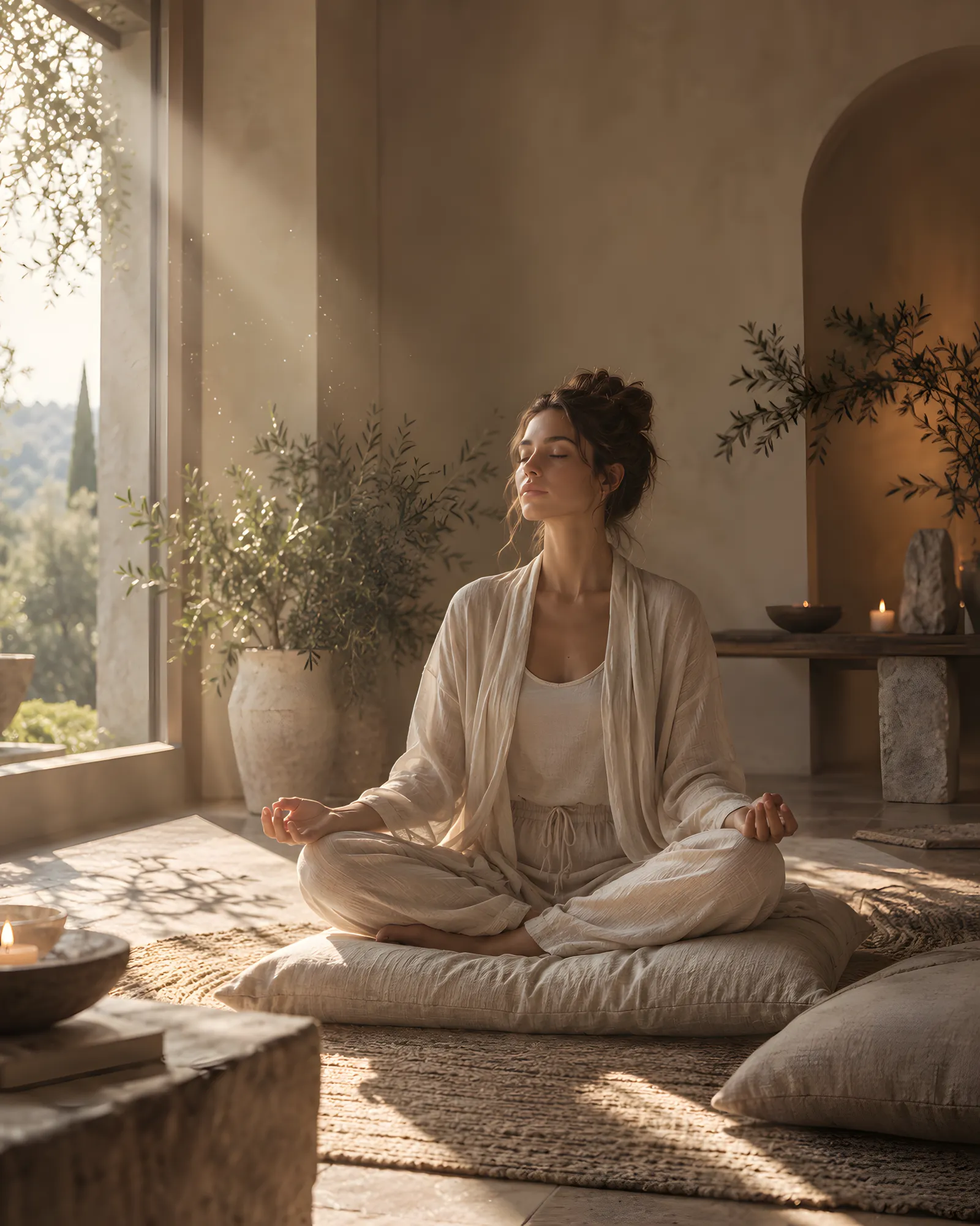 A woman sits cross-legged in a sunlit room, eyes closed, as golden light crosses the frame.