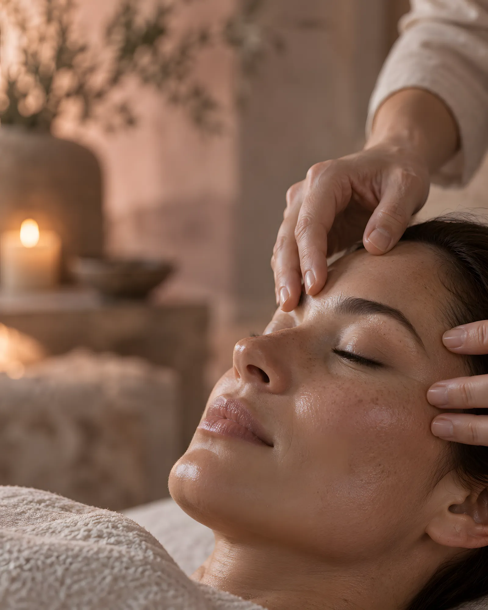 Fingertips pressing gently on reflex points at a woman’s temple while she rests with her eyes closed.