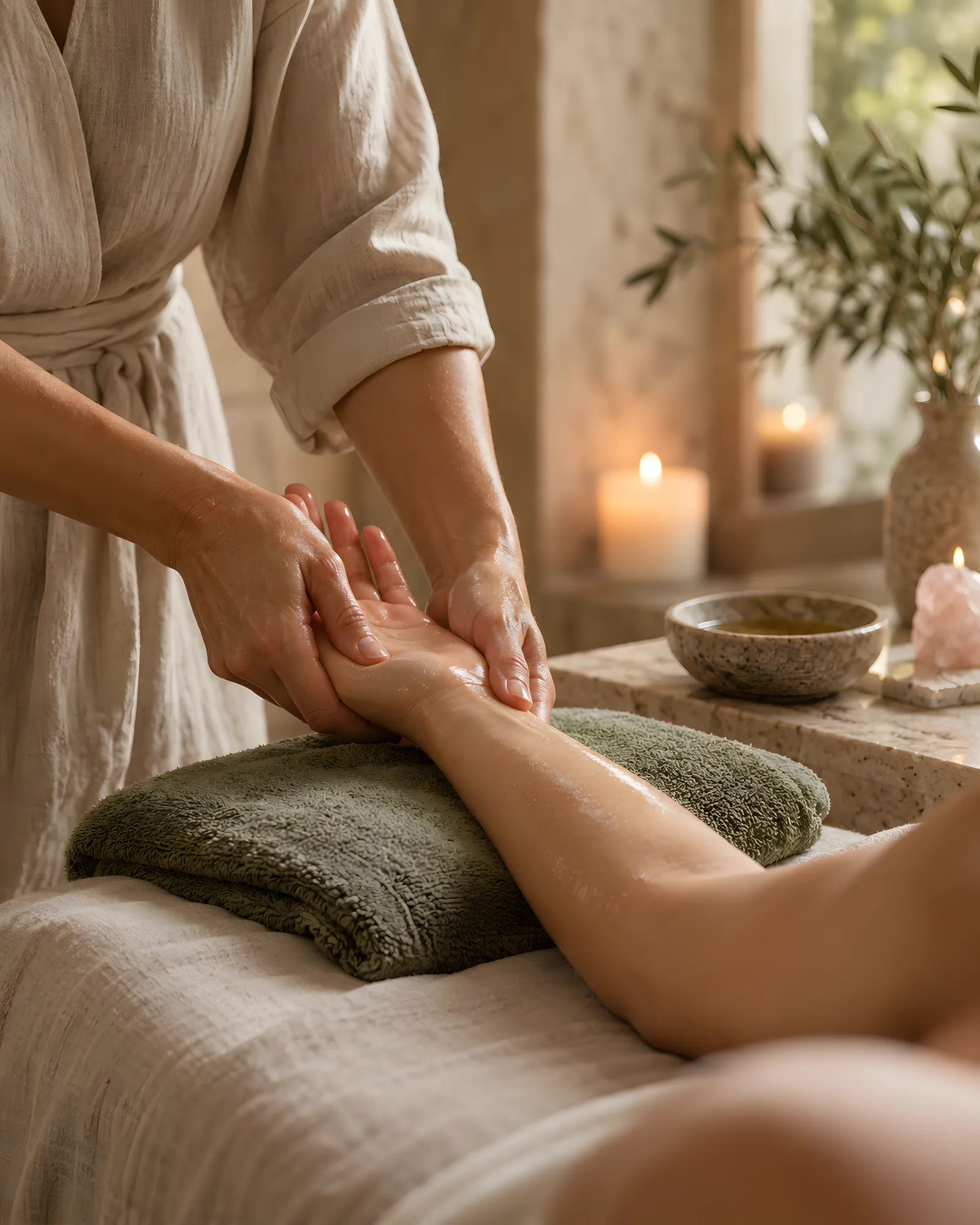A therapist massages a client’s hand and forearm with warm oil over a sage green towel.