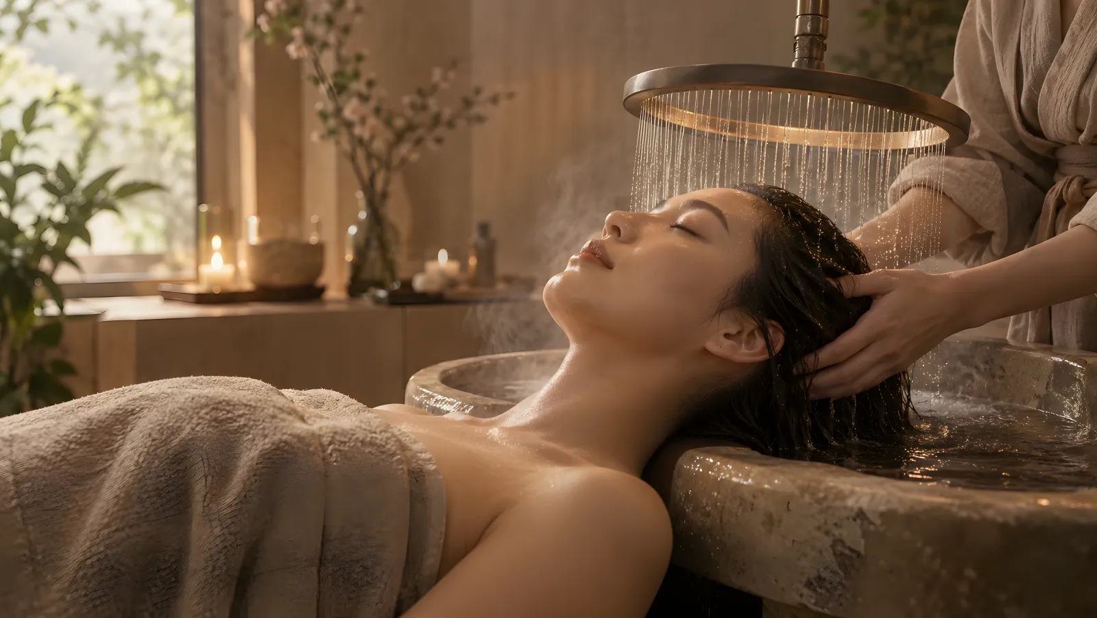 A woman reclines over a stone basin as a halo of warm water flows over her scalp.