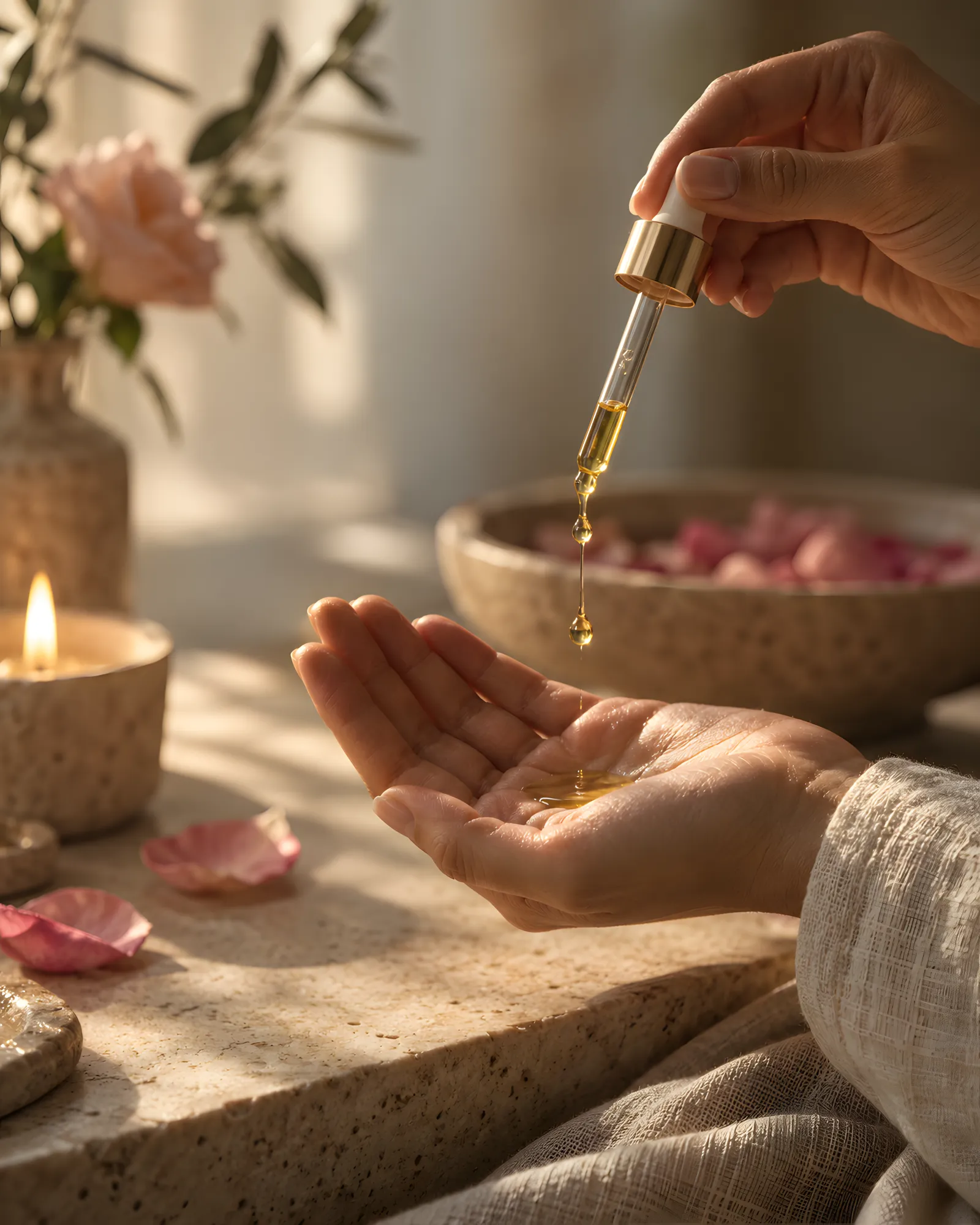 Golden facial oil drips from a glass pipette into an open palm.