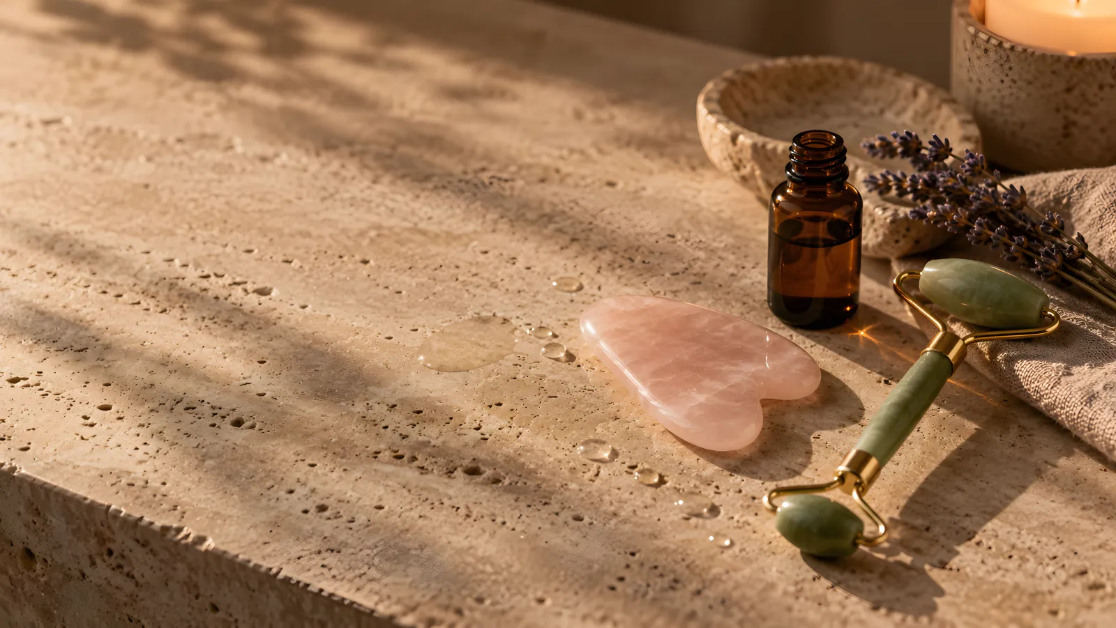 A rose quartz gua sha stone, jade roller and amber oil bottle on honed travertine.